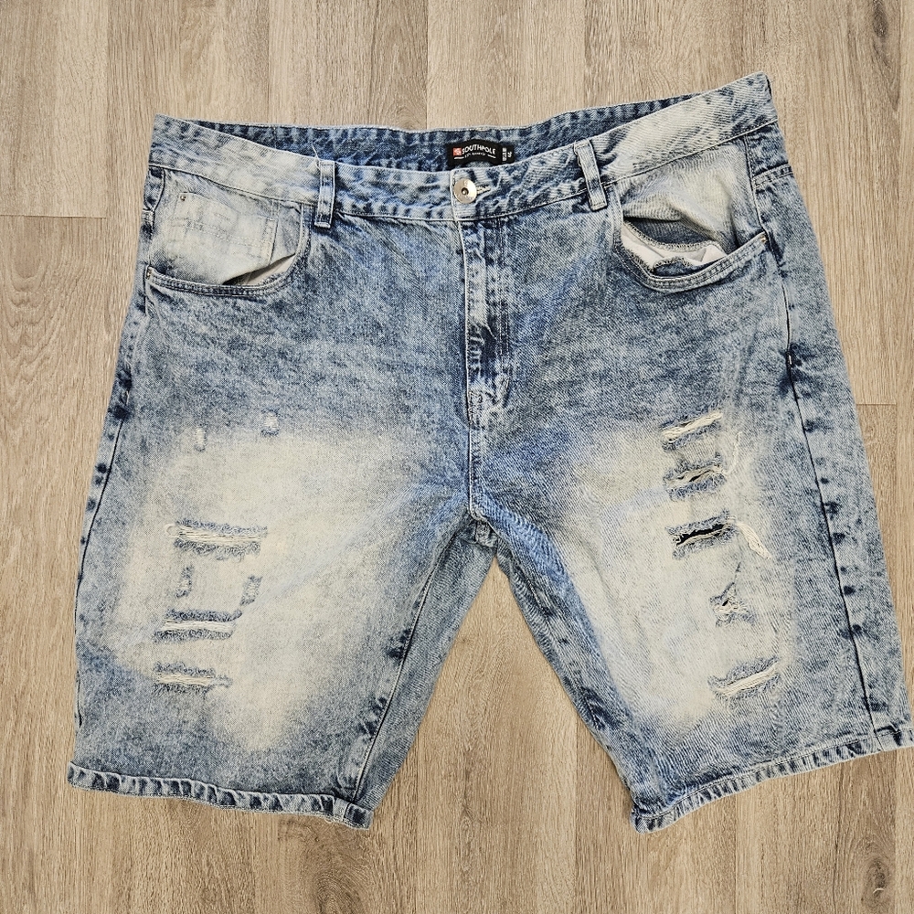 Southpole Shorts Mens 46 Blue Denim Jean Distressed Light Wash Faded Whisker